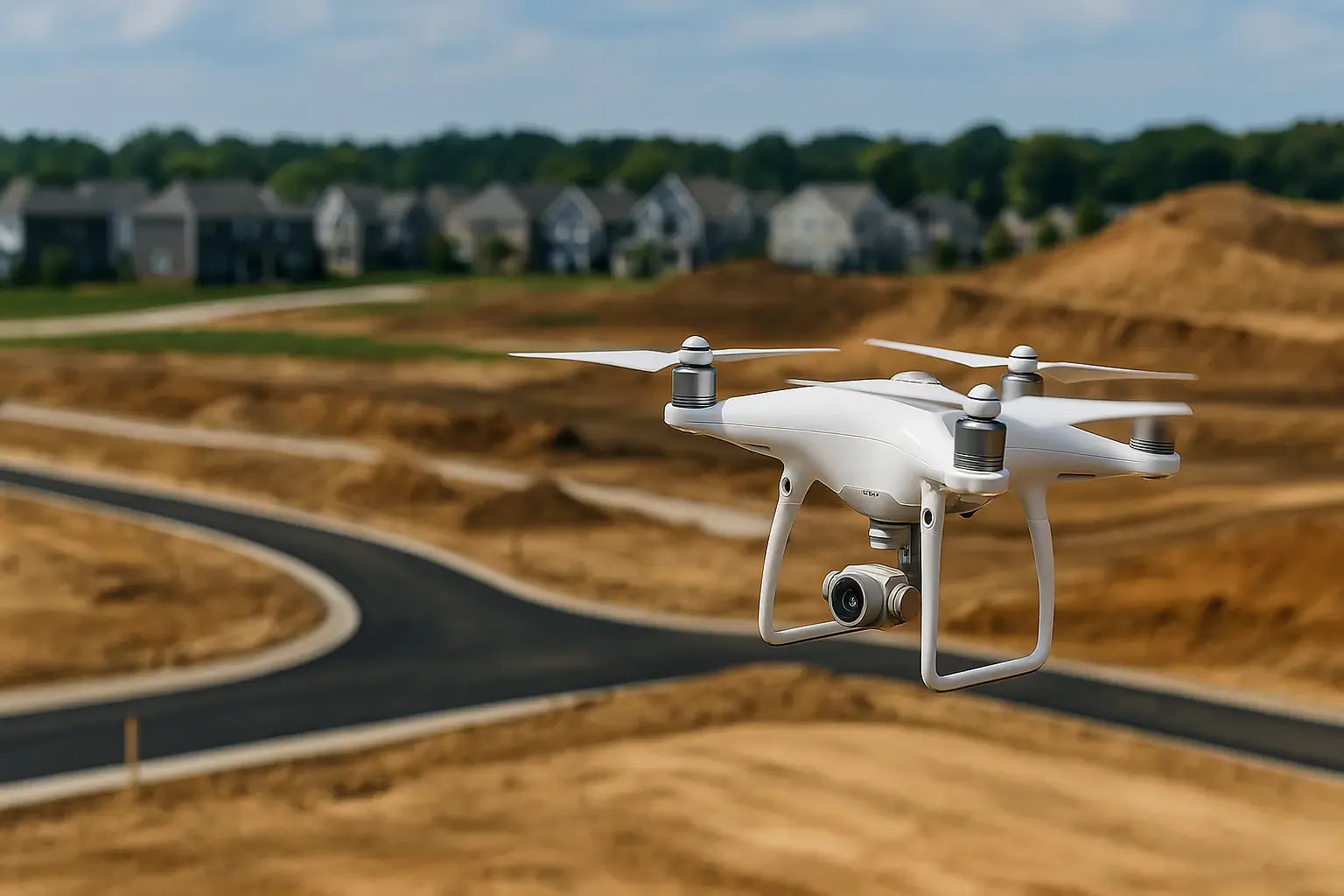 Drone surveying a suburban development site for land use permitting