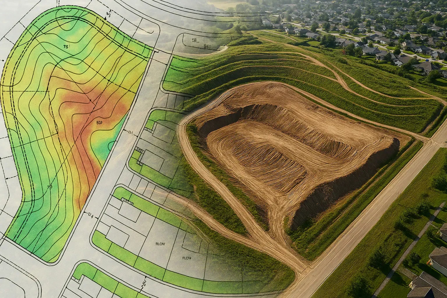 Topographic drone map overlayed on land development plan