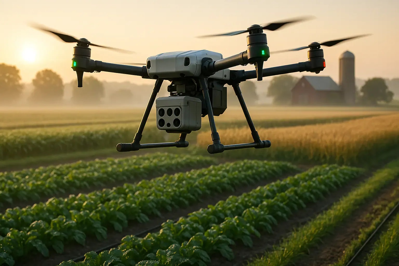 Agricultural drone with multispectral sensors flying over mixed farmland at sunrise, capturing data over rows of leafy greens and wheat fields, with a barn and silo in the background.