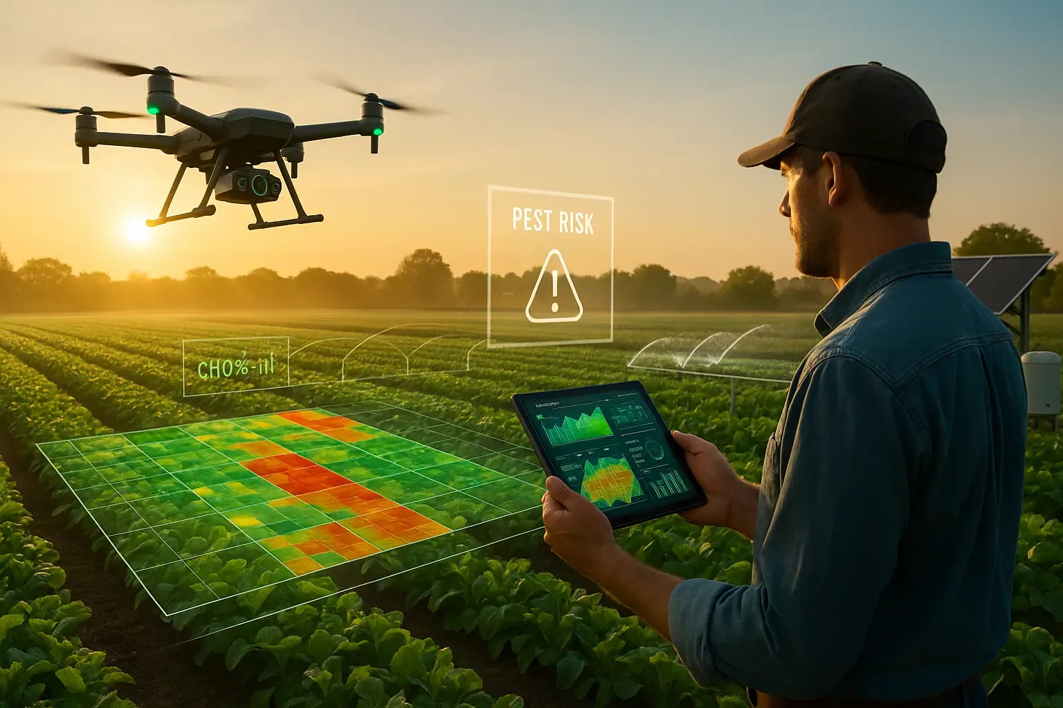 Farmer using a tablet with real-time analytics while a drone with AI sensors flies over a smart farm at sunrise, displaying digital crop health maps and pest risk overlays.