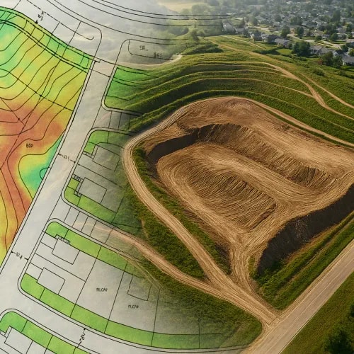 Topographic drone map overlayed on land development plan