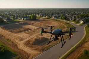 Drone surveying a suburban development site for land use permitting