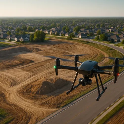 Drone surveying a suburban development site for land use permitting