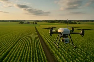 Drone flying over farmland capturing crop health data