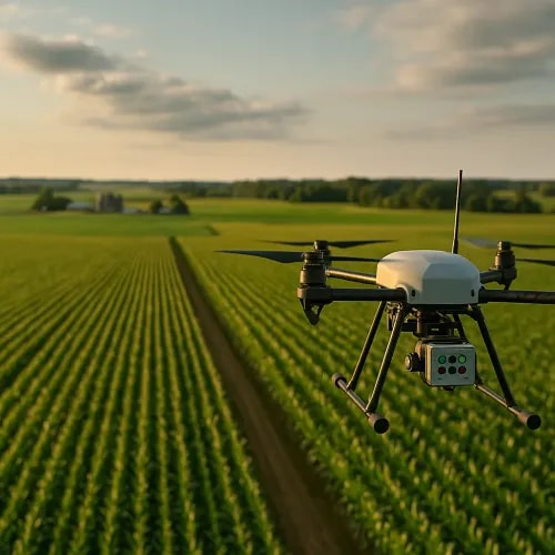 Drone flying over farmland capturing crop health data