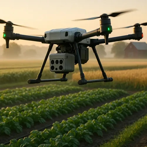 Agricultural drone with multispectral sensors flying over mixed farmland at sunrise, capturing data over rows of leafy greens and wheat fields, with a barn and silo in the background.
