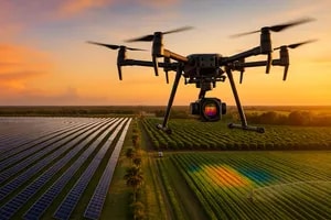 Florida thermal imaging drone surveying agricultural crops and solar panels for precision agriculture monitoring and energy infrastructure inspection