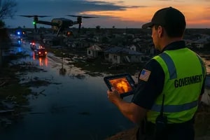 Florida government emergency responder operating thermal imaging drone for hurricane flood damage assessment and disaster response