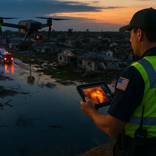 Florida government emergency responder operating thermal imaging drone for hurricane flood damage assessment and disaster response