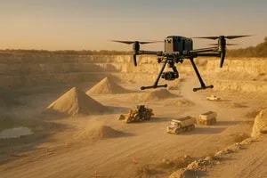 Drone aerial surveying over Florida aggregate quarry operation with stockpiles and heavy machinery for precision volumetric calculations and site mapping