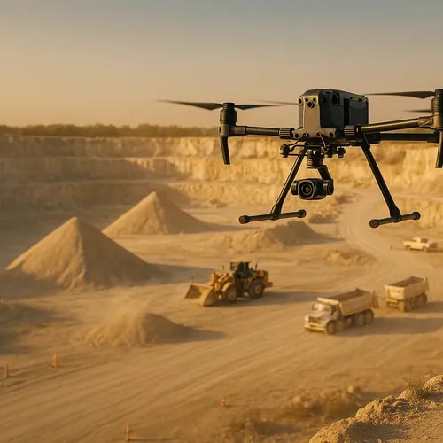 Drone aerial surveying over Florida aggregate quarry operation with stockpiles and heavy machinery for precision volumetric calculations and site mapping