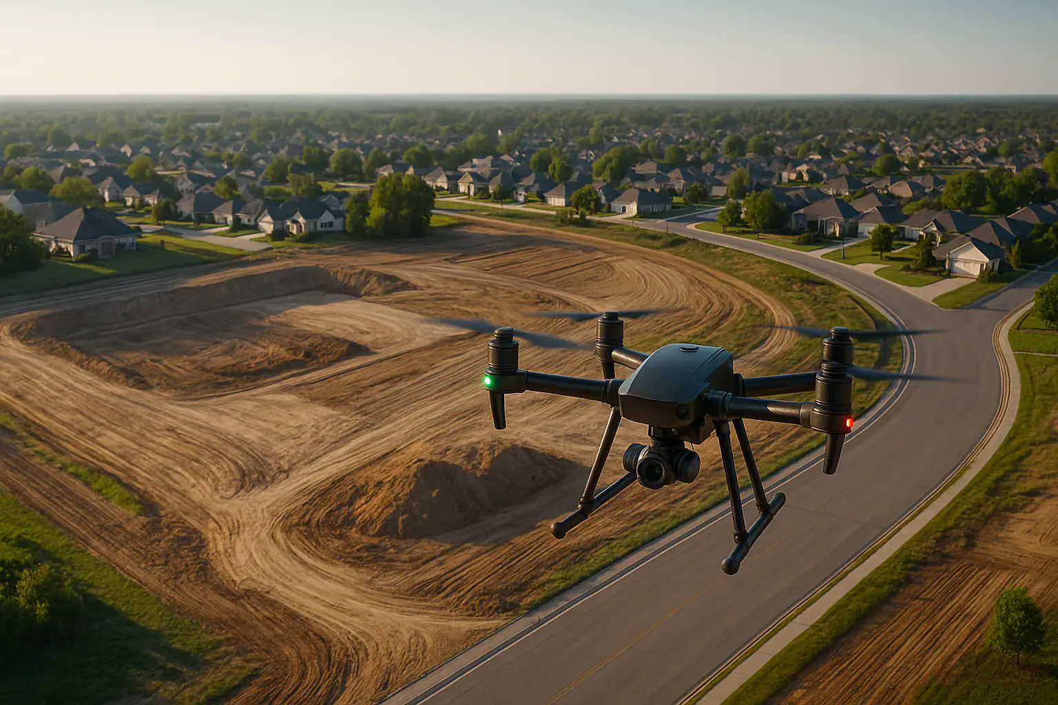 Drone surveying a suburban development site for land use permitting