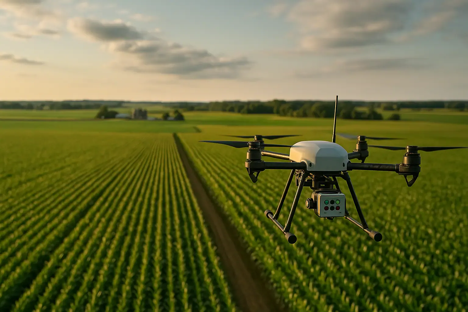 Drone flying over farmland capturing crop health data
