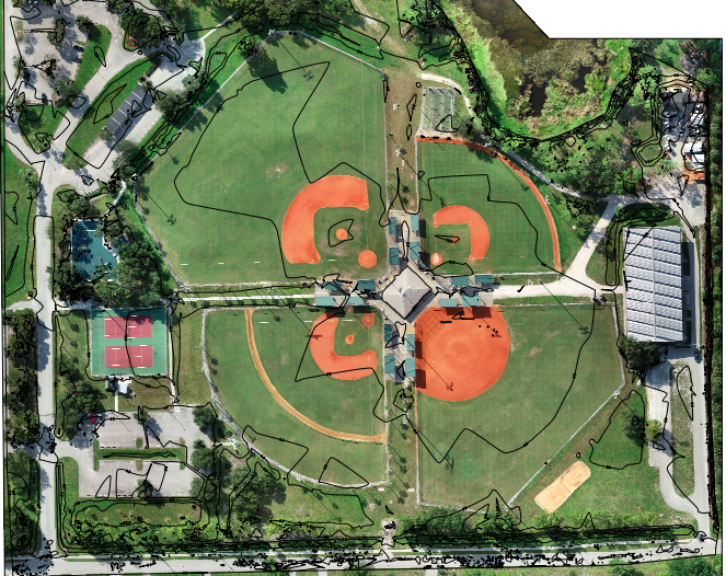 Florida Aerial Survey Technologies topographic map of a baseball field outlining the pertinent areas