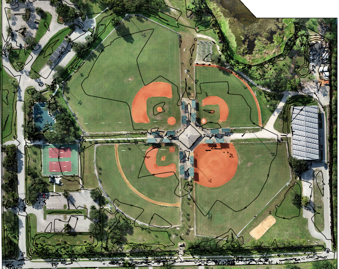 Florida Aerial Survey Technologies topographic map of a baseball field outlining the pertinent areas